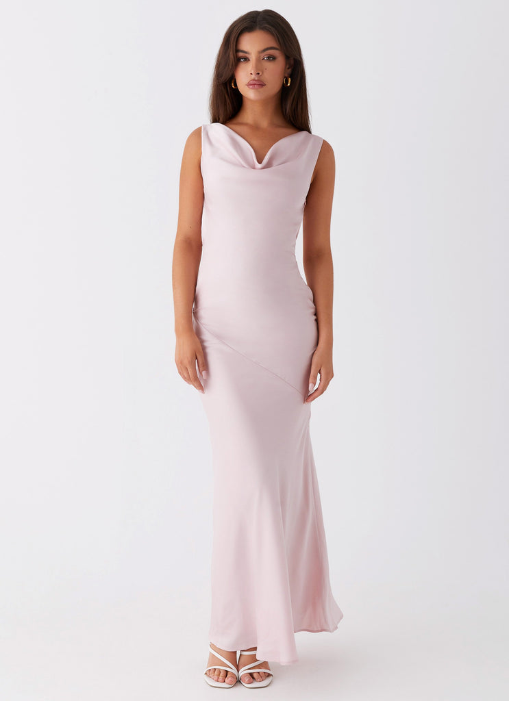 Womens Be Mine Satin Maxi Dress in the colour Mauve Pink in front of a light grey background