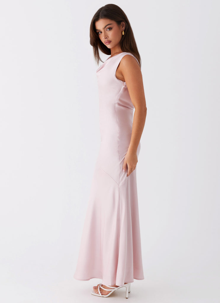 Womens Be Mine Satin Maxi Dress in the colour Mauve Pink in front of a light grey background