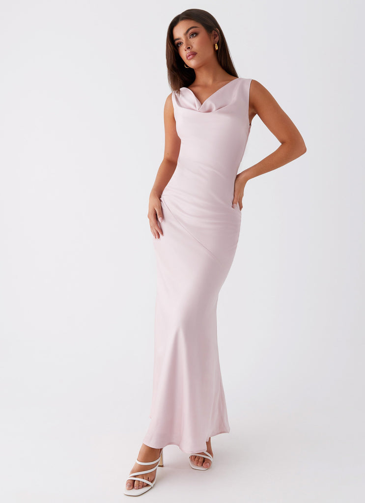 Womens Be Mine Satin Maxi Dress in the colour Mauve Pink in front of a light grey background