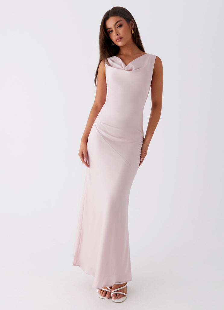 Womens Be Mine Satin Maxi Dress in the colour Mauve Pink in front of a light grey background