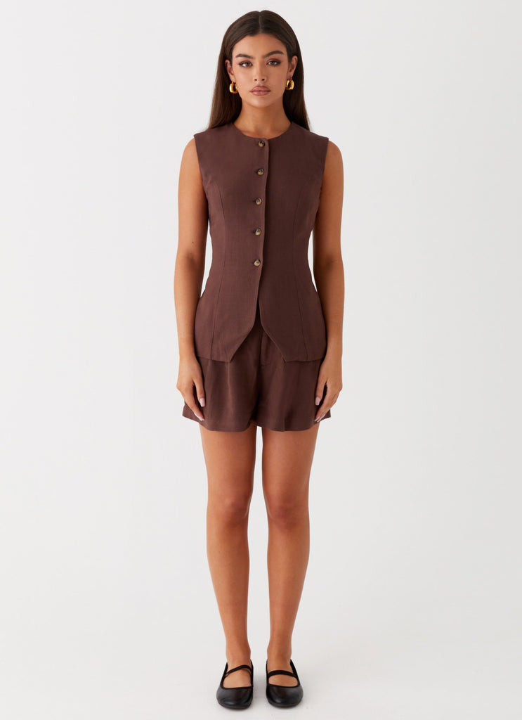 Womens Born For Bordeaux Linen Vest in the colour Brown in front of a light grey background