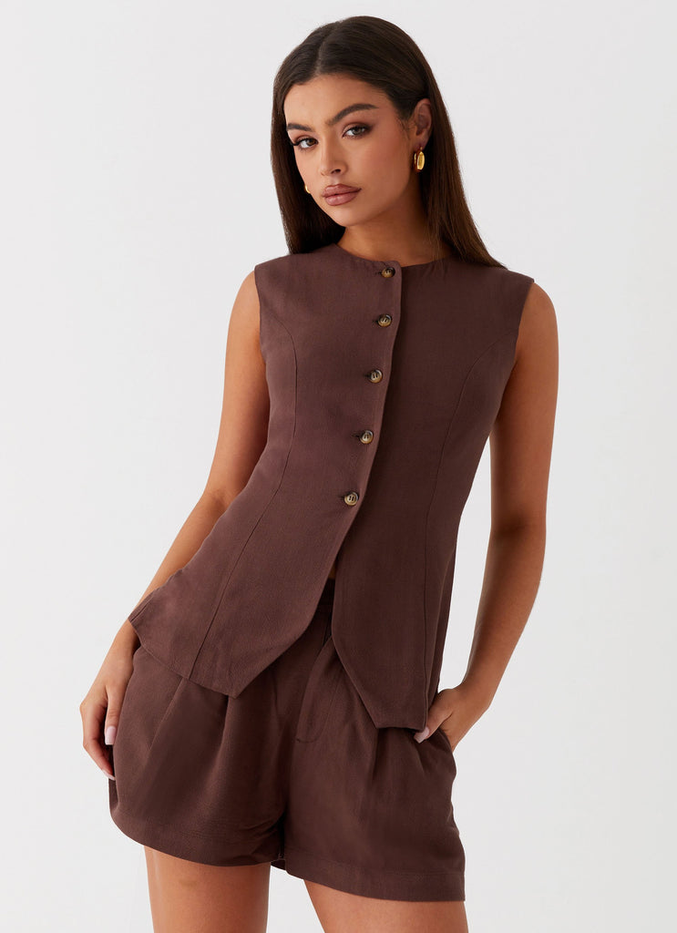 Womens Born For Bordeaux Linen Vest in the colour Brown in front of a light grey background