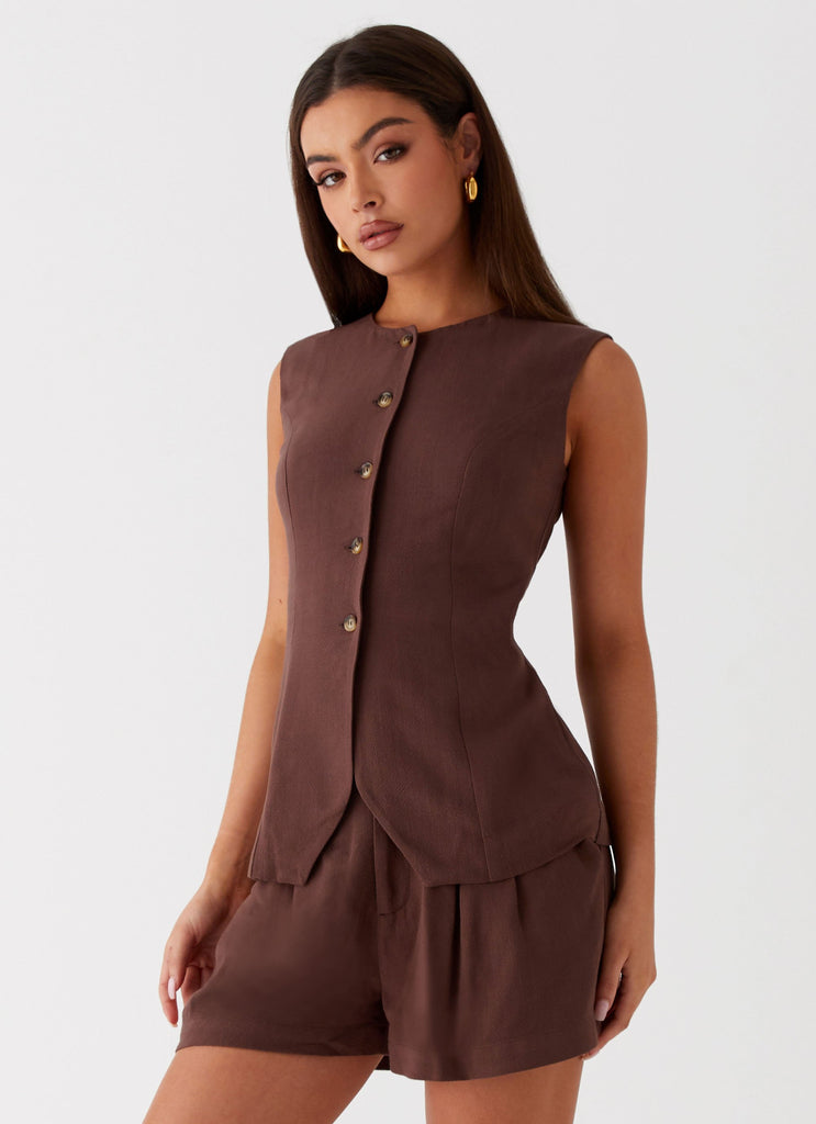 Womens Born For Bordeaux Linen Vest in the colour Brown in front of a light grey background