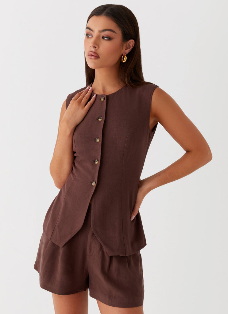 Womens Born For Bordeaux Linen Vest in the colour Brown in front of a light grey background