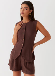 Womens Born For Bordeaux Linen Vest in the colour Brown in front of a light grey background