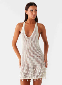 Pearl Shore Beaded Crochet Mini Dress - Ivory