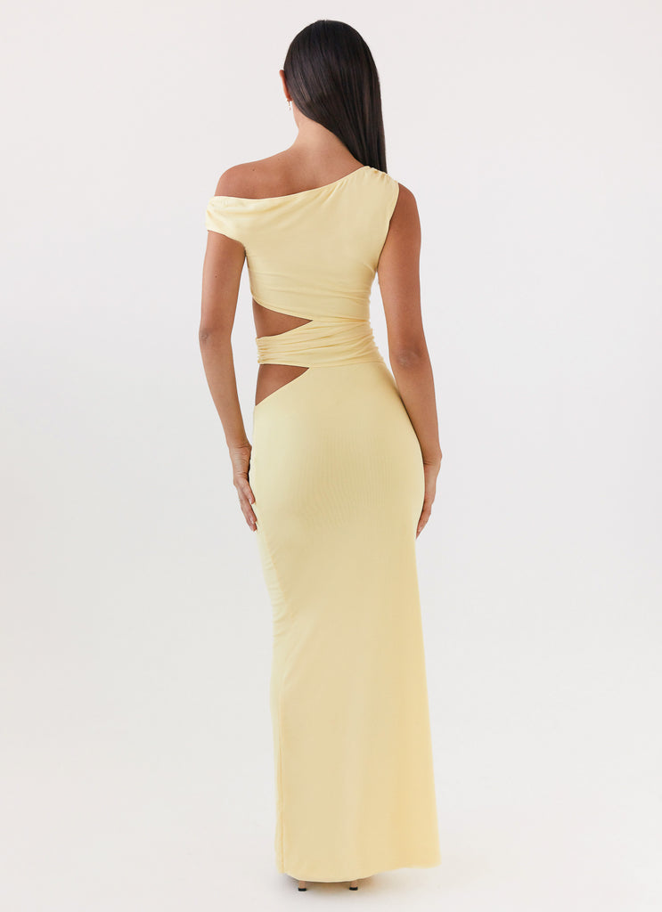 Womens Margot One Shoulder Maxi Dress in the colour Yellow in front of a light grey background