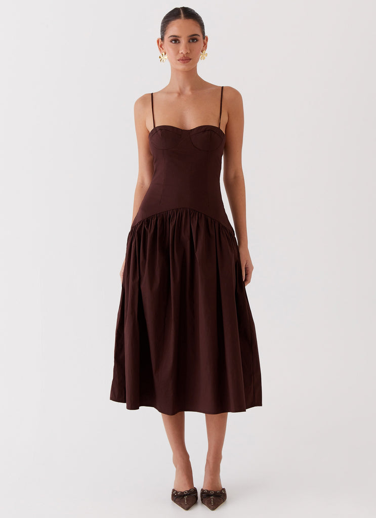Womens Yvette Corset Midi Dress in the colour Chocolate in front of a light grey background