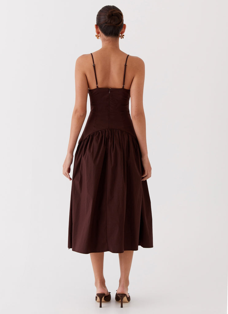 Womens Yvette Corset Midi Dress in the colour Chocolate in front of a light grey background