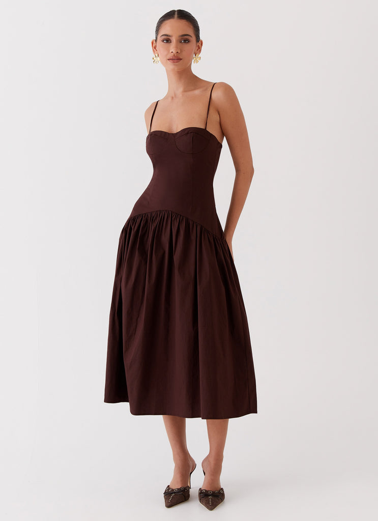 Womens Yvette Corset Midi Dress in the colour Chocolate in front of a light grey background