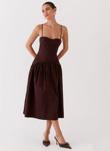 Womens Yvette Corset Midi Dress in the colour Chocolate in front of a light grey background