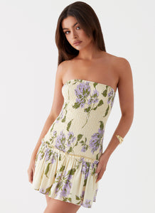 Womens Break From Toronto Linen Mini Dress in the colour Yellow Purple Floral in front of a light grey background