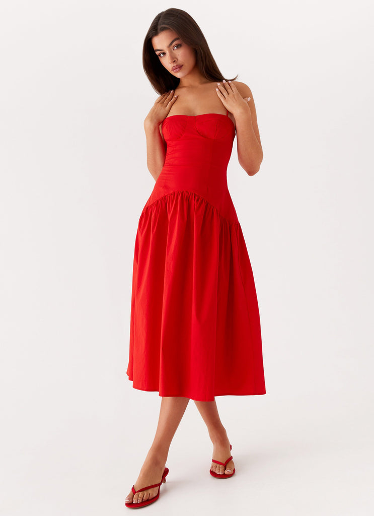 Womens Yvette Corset Midi Dress in the colour Red in front of a light grey background