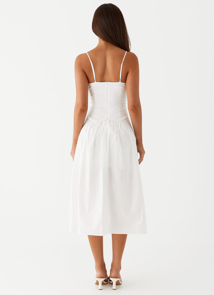 Womens Yvette Corset Midi Dress in the colour White in front of a light grey background