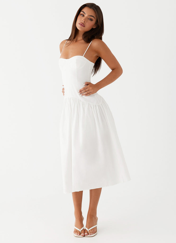 Womens Yvette Corset Midi Dress in the colour White in front of a light grey background