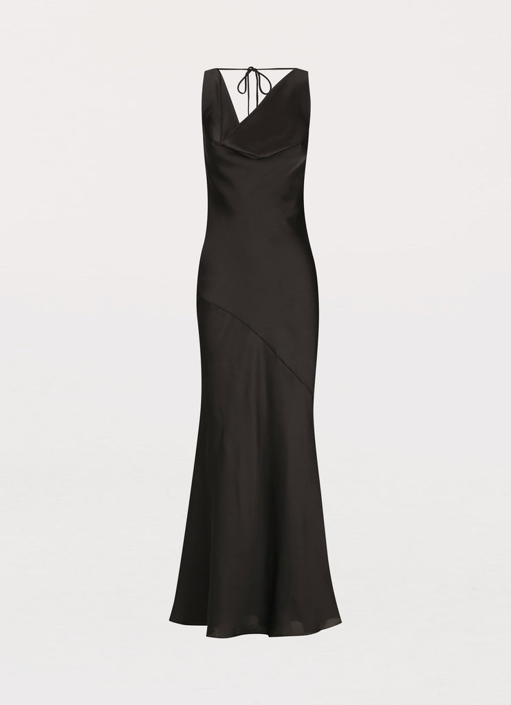 Womens Be Mine Satin Maxi Dress in the colour Black in front of a light grey background