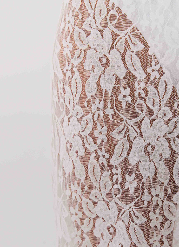 Womens Sugar Sweet Lace Maxi Skirt in the colour White in front of a light grey background