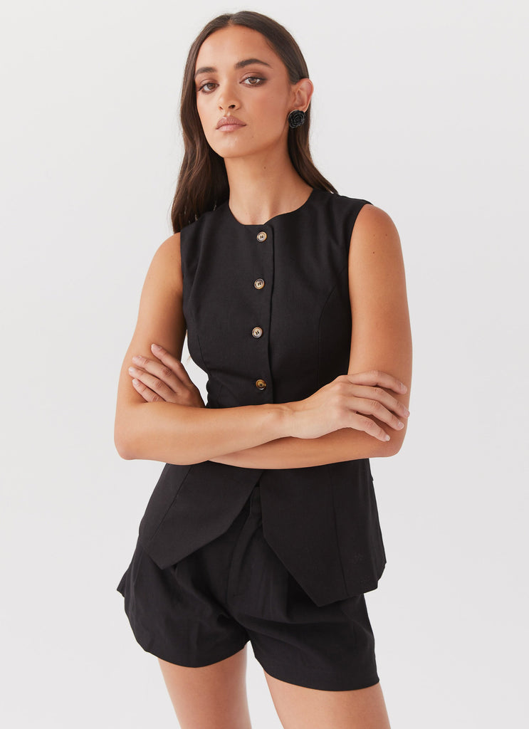 Womens Born For Bordeaux Linen Vest in the colour Black in front of a light grey background
