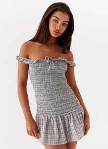 Womens Anica Check Mini Dress in the colour Grey Check in front of a light grey background