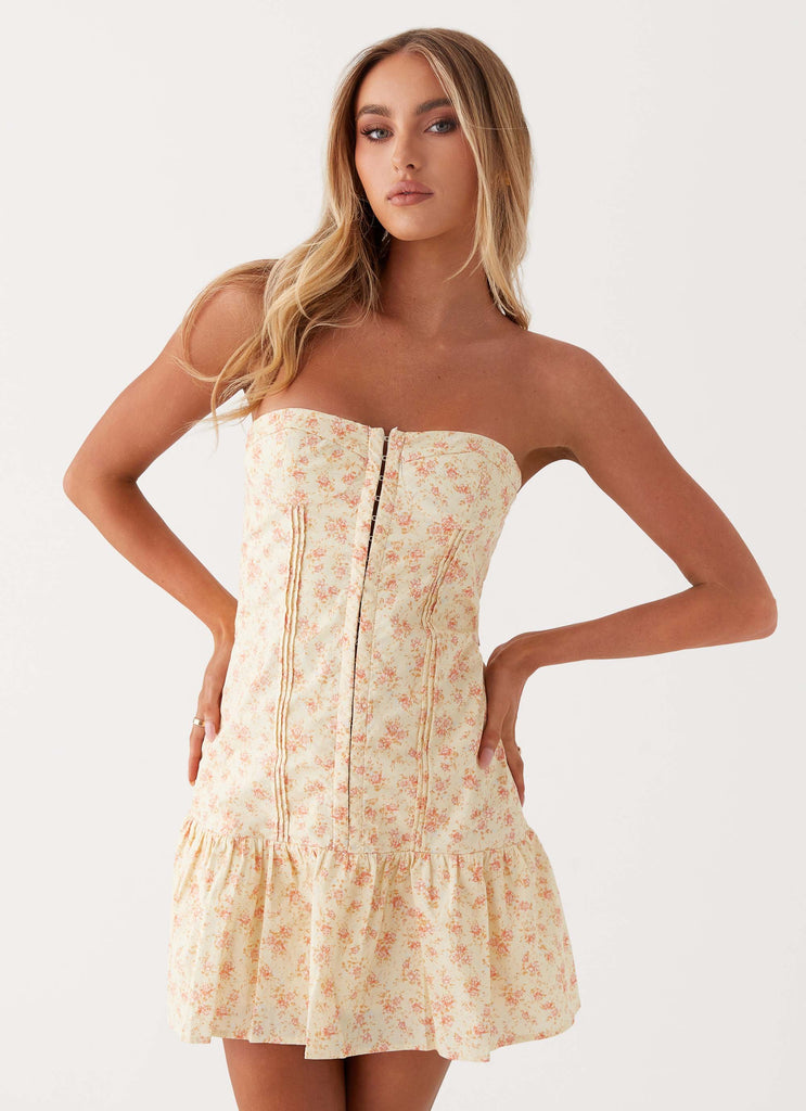 Womens Bloomsbury Bustier Mini Dress in the colour Yellow Ditsy Floral in front of a light grey background