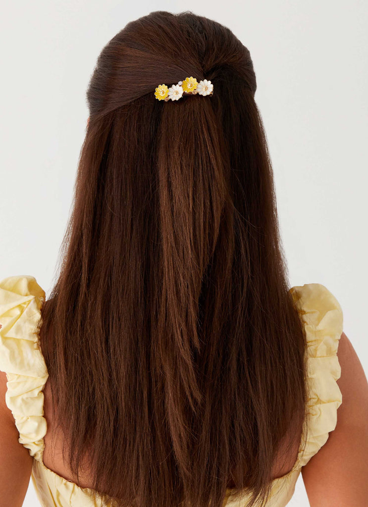 Womens Blue Skies Hair Clip in the colour Yellow in front of a light grey background