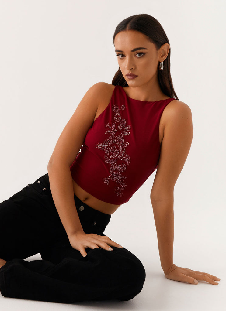 Brae Beaded Mesh Top - Deep Red