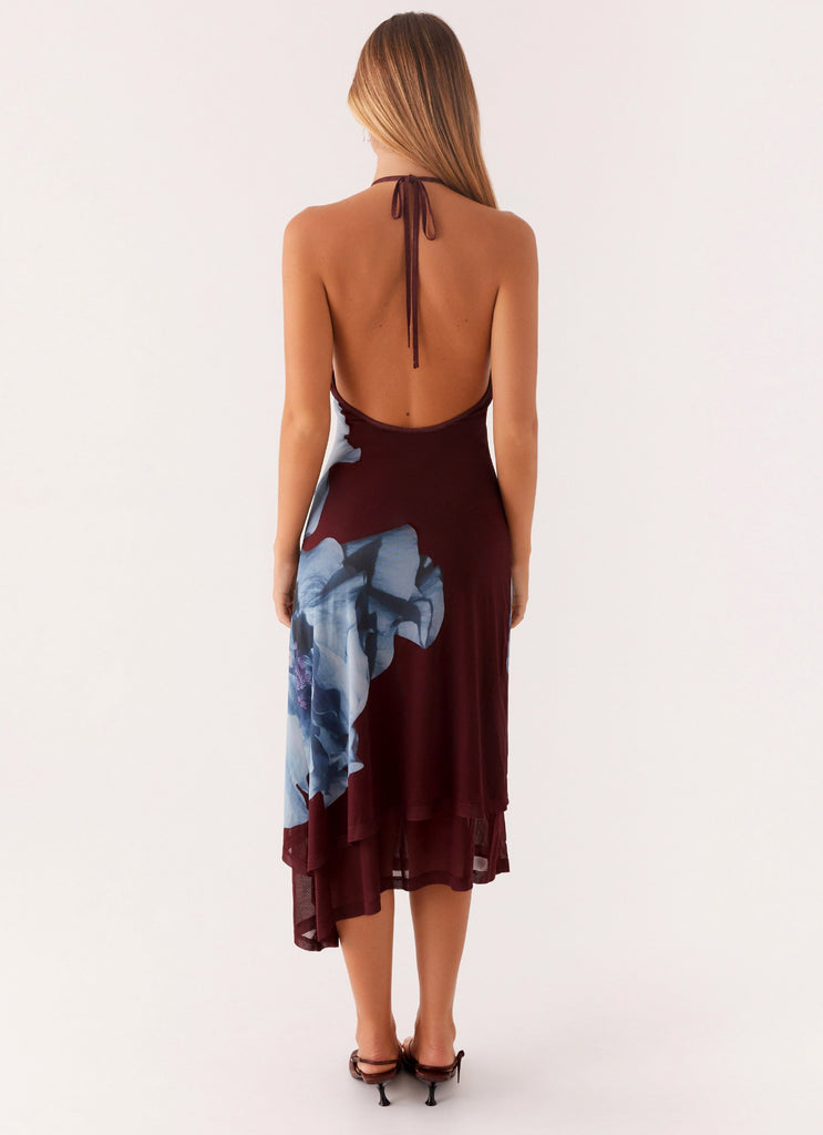 Brinley Halterneck Midi Dress - Maroon Print