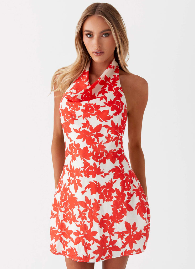 Womens Carmine Bouquet Cowl Neck Mini Dress in the colour Red Floral in front of a light grey background