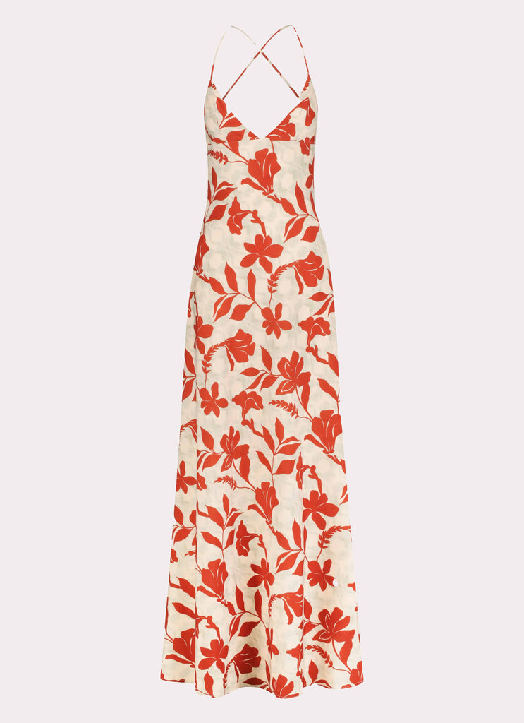 Womens Cecily Maxi Dress in the colour Red Green Floral in front of a light grey background