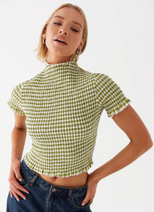 Womens Cleo Tee in the colour Khaki Gingham in front of a light grey background