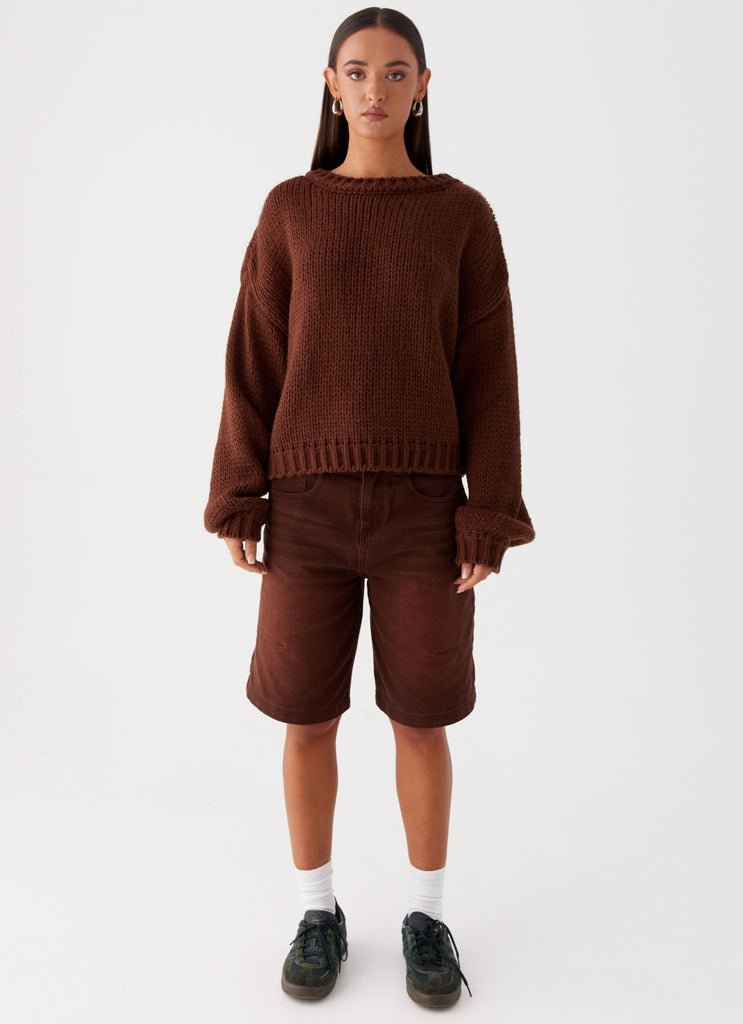 Womens Costella Knit Sweater in the colour Brown in front of a light grey background