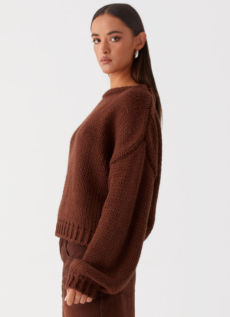 Womens Costella Knit Sweater in the colour Brown in front of a light grey background