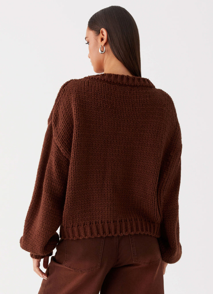 Womens Costella Knit Sweater in the colour Brown in front of a light grey background