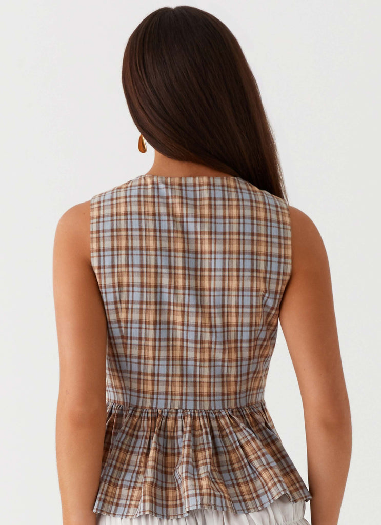 Womens Cyrene Tie Top in the colour Brown Check in front of a light grey background