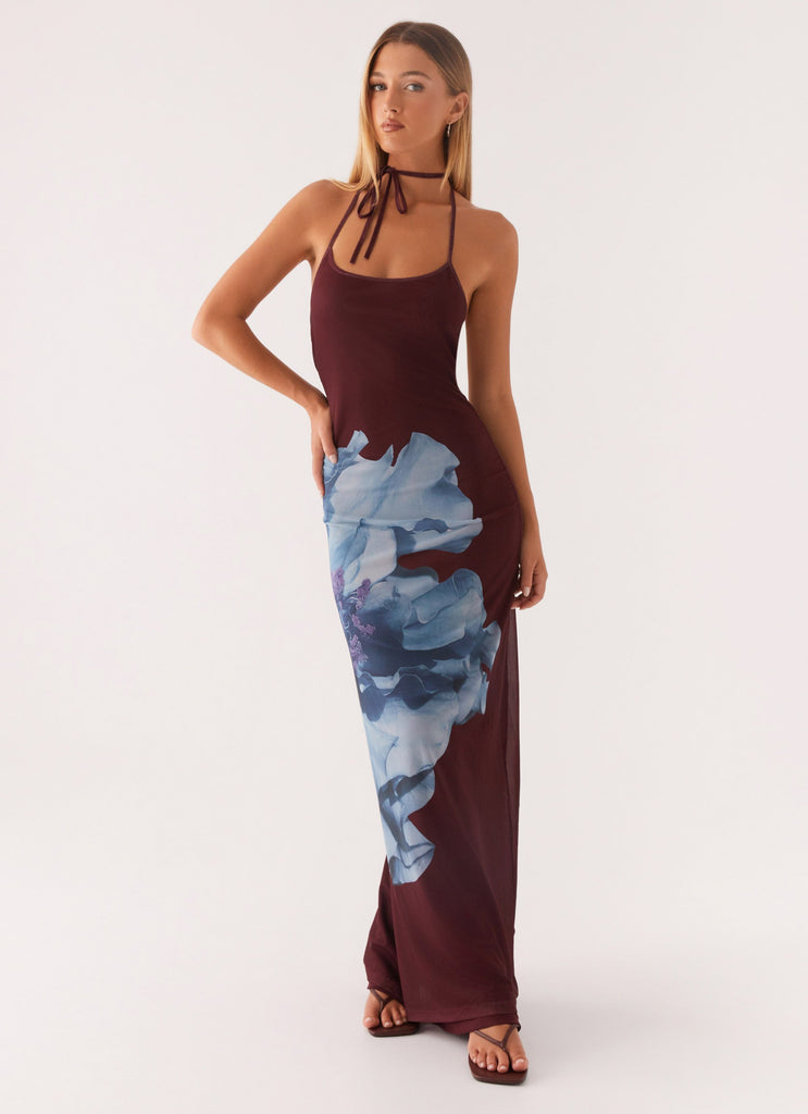 Dayana Halterneck Maxi Dress - Maroon Print