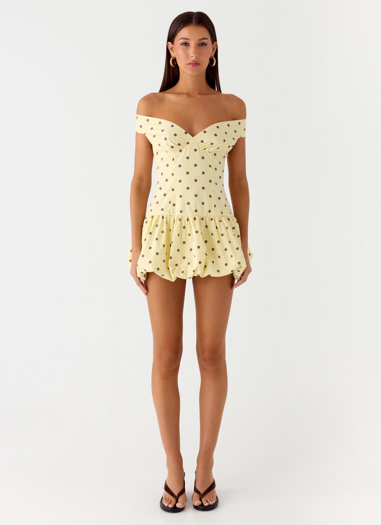 Endless Romance Off Shoulder Mini Dress - Yellow Polkadot