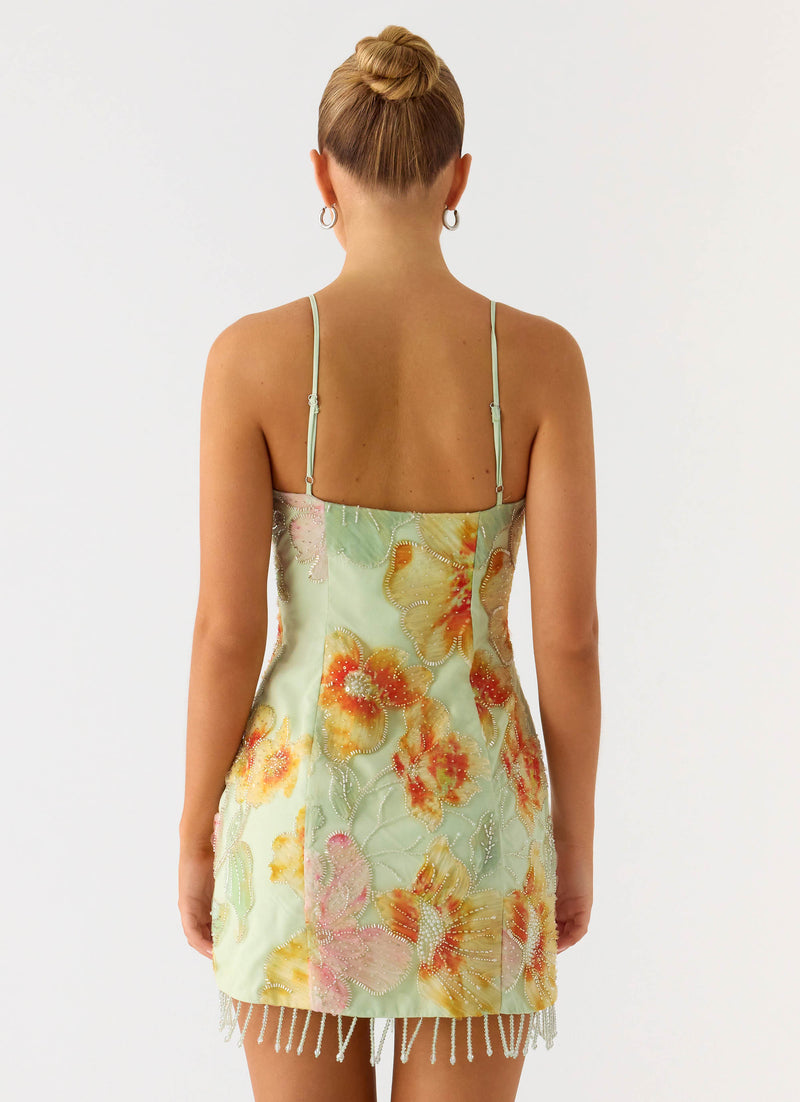 Gatiana Beaded Sequin Mini Dress - Green Floral Beaded