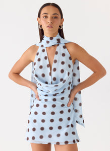 Get Me Halter Mini Dress - Blue Mocha Dot