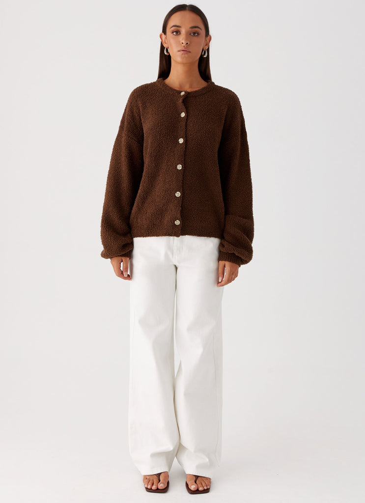 Womens Gracie Oversized Knit Cardigan in the colour Brown in front of a light grey background