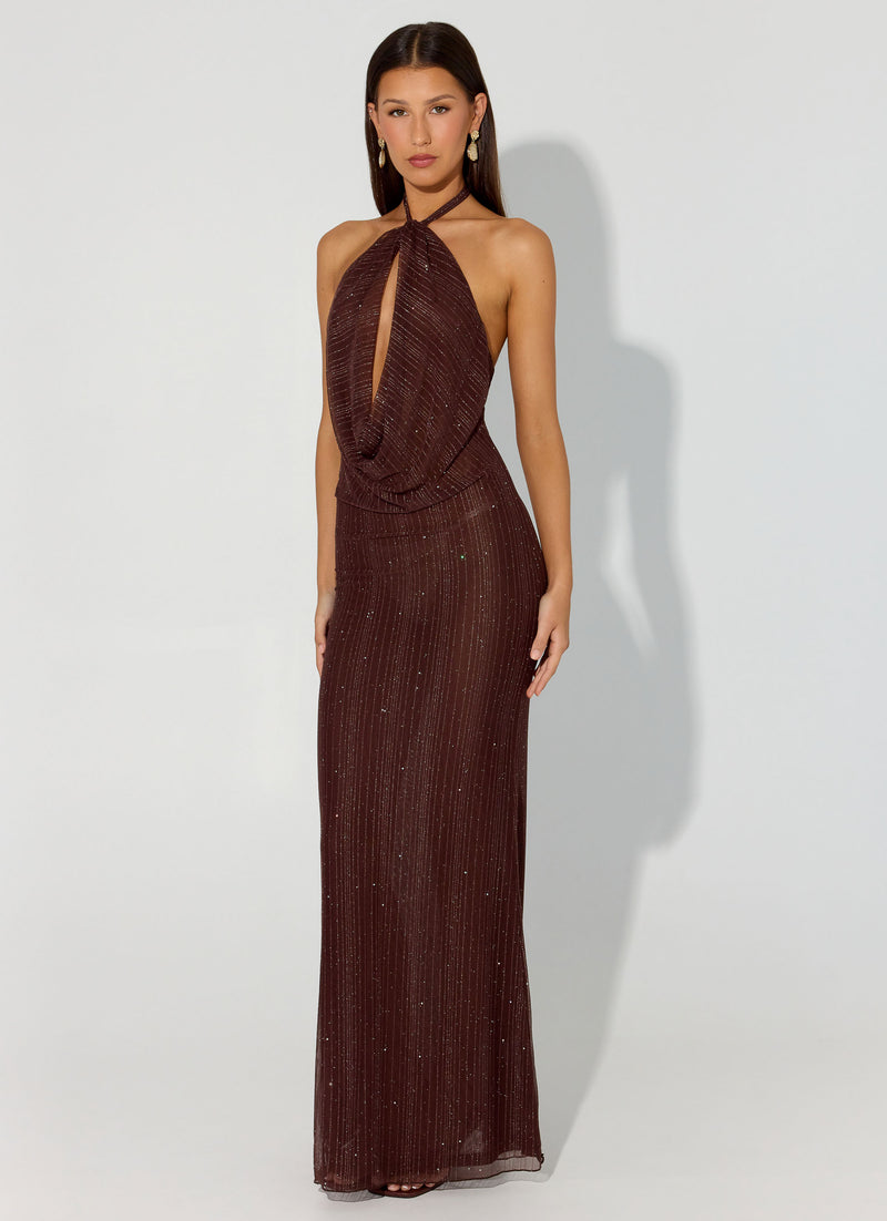 Haylan Sparkle Mesh Maxi Dress - Chocolate