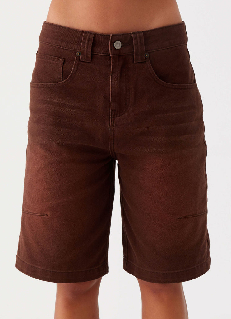 Womens Heading South Denim Jorts in the colour Brown in front of a light grey background