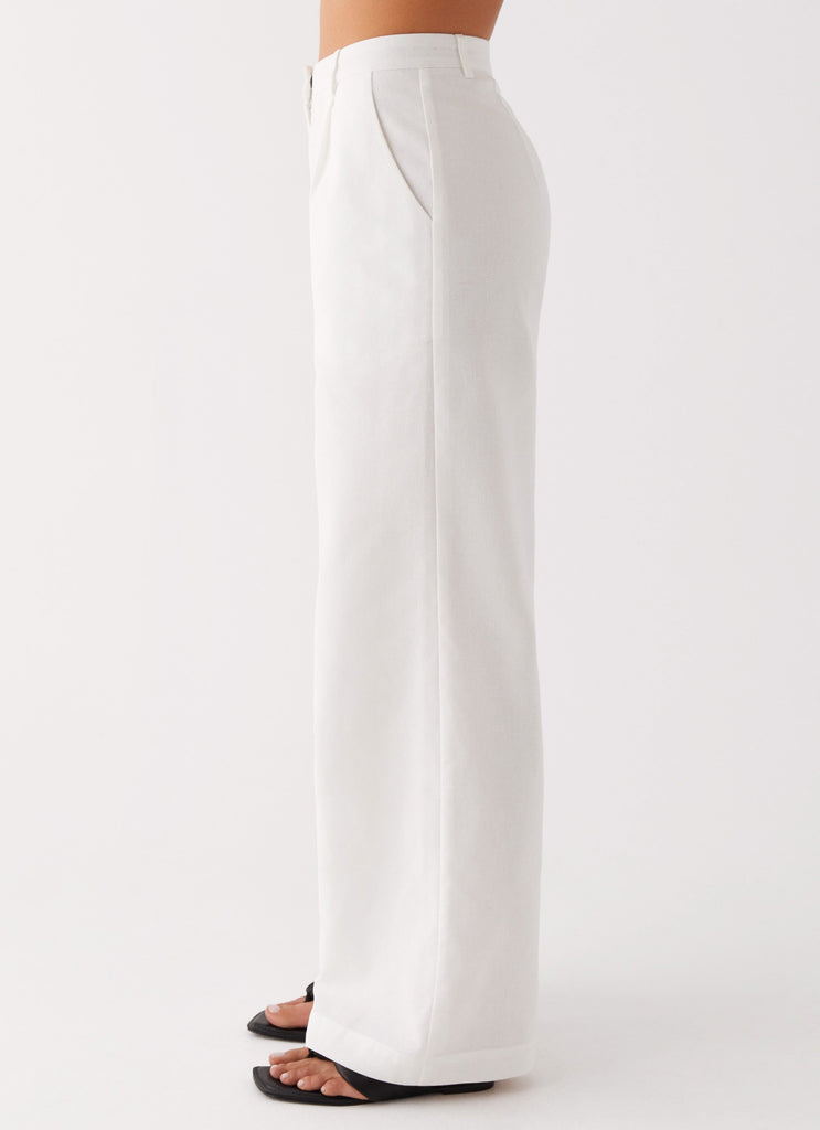 Womens Heatwave Linen Wide Leg Pants in the colour White in front of a light grey background