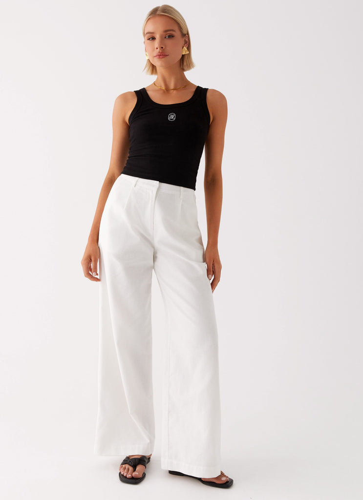 Womens Heatwave Linen Wide Leg Pants in the colour White in front of a light grey background