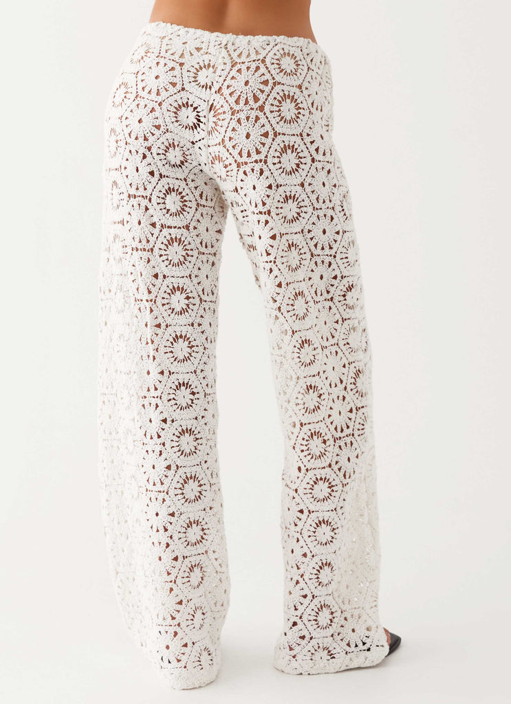 Womens Ibiza Crochet Pants in the colour Ivory in front of a light grey background