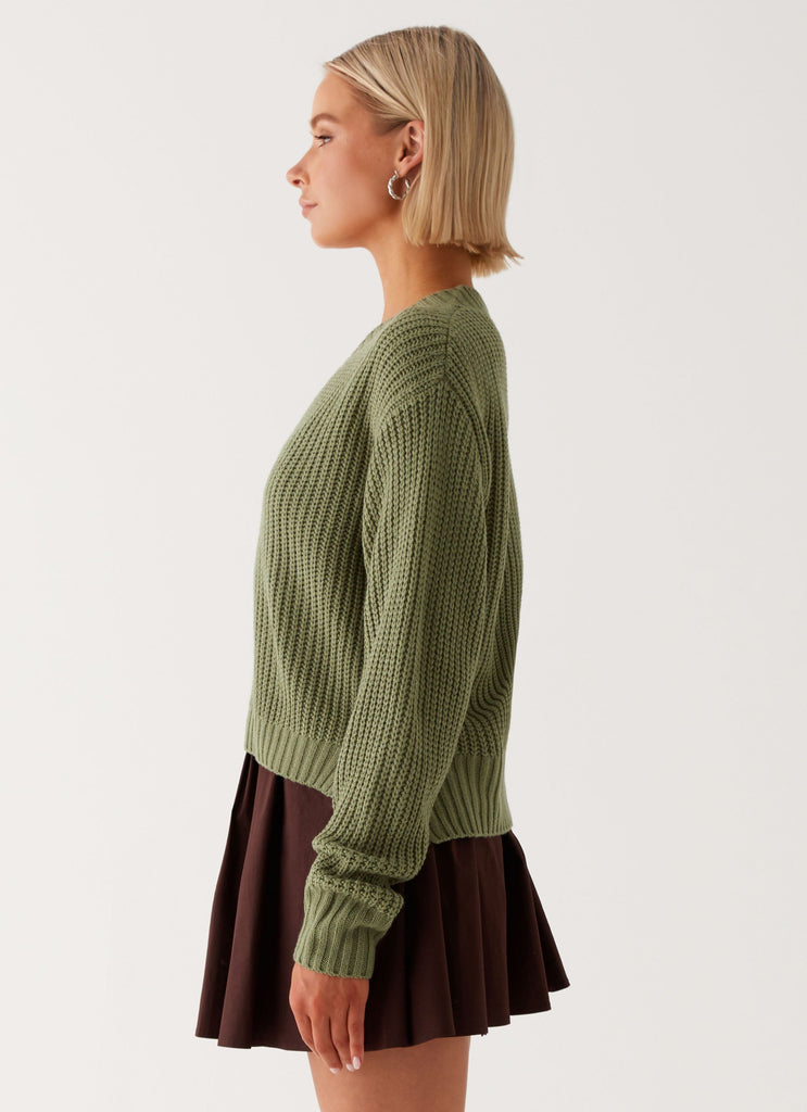 Womens Jenson Sweater in the colour Khaki in front of a light grey background