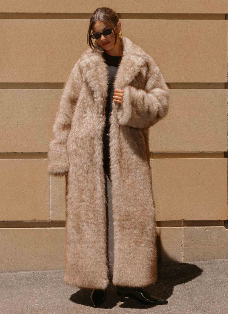 Kamil Faux Fur Maxi Coat - Tan Beige
