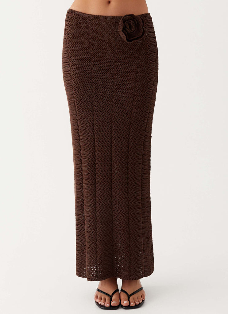 Womens Kelcie Rose Crochet Maxi Skirt in the colour Chocolate in front of a light grey background