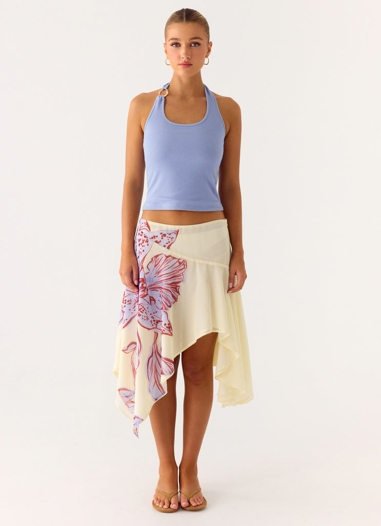 Kia Low Rise Asymmetrical Midi Skirt - Purple Floral
