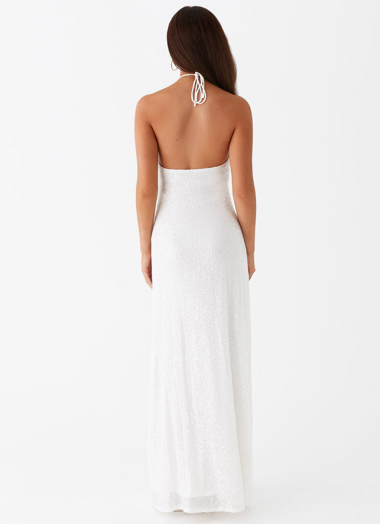 Womens Latanya Sequin Maxi Dress in the colour White in front of a light grey background