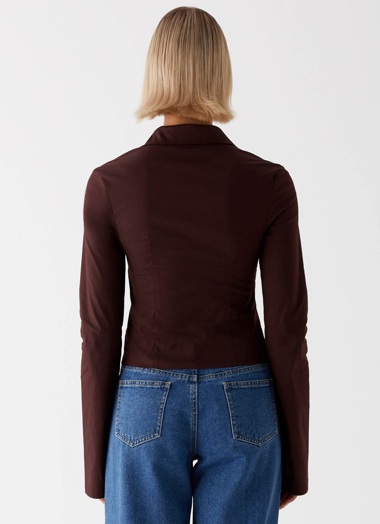 Womens Leah Fitted Button Up Shirt in the colour Chocolate in front of a light grey background